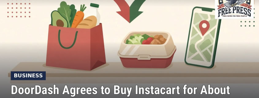 Illustration of a grocery bag, a takeout container and a phone with a delivery map pin under two merging arrows